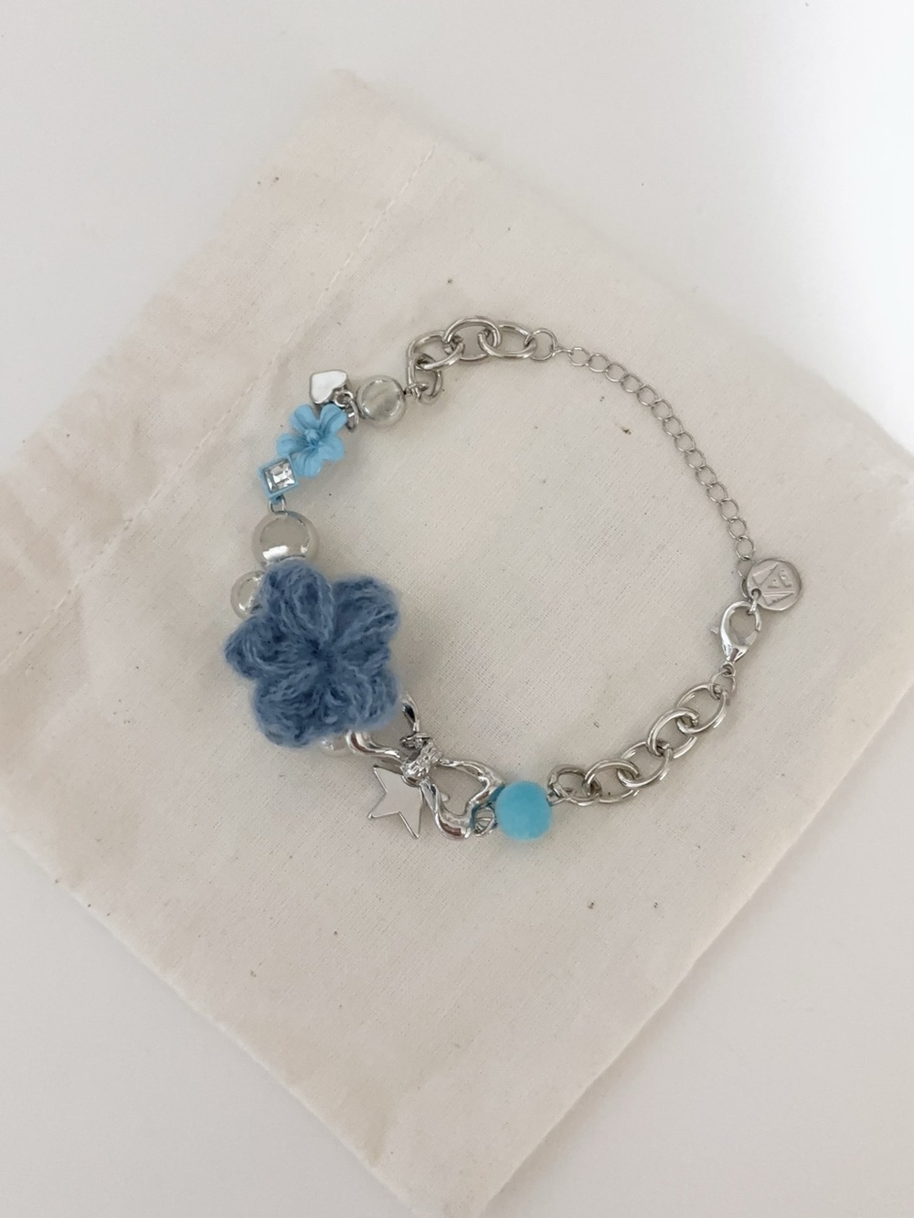 Blue Silver Bracelet with Blue Crochet Flower
